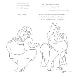 1:1 absurd_res anthro black_and_white bottomwear bovid caprine clothing cult_of_the_lamb detlarune dialogue dirtymac domestic_cat dress duo duo_focus english_text felid feline felis female female_anthro fishnet_clothing goat group hi_res mammal massive_monster_(studio) monochrome narinder pregnant pregnant_anthro pregnant_female skirt text third_eye_closed toriel undertale undertale_(series)