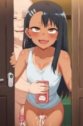 ai_generated bare_shoulders black_hair blush bottomless breasts brown_eyes cellphone collarbone cum dark_skin ejaculation eyebrows_visible_through_hair female hair_ornament hairclip holding_phone long_hair oerba_yun_fang open_mouth penis phone pov skin_fang smartphone smile solo_focus sweat tan tanline