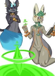 anthro big_ears blue_horn book duo ear_piercing ear_ring eyeshadow female femboy flat_chested fur genitals grey_body grey_fur hi_res horn jewelry makeup male mammal mineru necklace nintendo open_book piercing purple_eyeshadow pussy reading reading_book ring_piercing tears_of_the_kingdom the_legend_of_zelda thick_thighs tozamtr wide_hips zonai