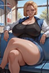 1girls ai_generated android_18 big_breasts blonde_hair blue_eyes crossed_legs curvy curvy_female curvy_figure dragon_ball dragon_ball_z female gmgkaiser nipple_outline short_hair shorts sitting tagme tank_top thighs