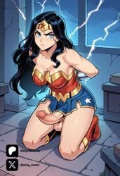 1futa ai_generated angry angry_face balls black_hair blue_eyes blue_skirt breasts cock colored dc dc_comics dick erection futa_only futanari futanari/female intersex light_skin light_skinned_futanari long_hair nickythecreator on_knees penis red_topwear sexy sexy_body sexy_pose superheroine testicles tied uncensored veiny_penis wonder_woman