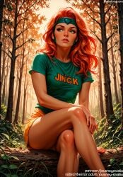 ai_generated breasts casual clothes_writing clothing crossed_legs day female female female_only forest freckles grass green_eyes green_shirt headband jean_grey jousneystudio leaf legs lips long_hair marvel marvel_comics marvel_girl medium_breasts nature nose orange_hair orange_shorts outdoors parted_lips plant red_hair shirt short_shorts short_sleeves shorts sitting skirt solo sunlight t-shirt thick_eyebrows thighs tree x-men x-men:_the_animated_series x-men_97
