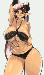 1girls big_breasts bikini black_bikini black_body callie_(splatoon) cleavage earrings female hair_ornament huge_breasts inkling inkling_girl large_breasts long_hair looking_at_viewer mole mole_under_eye navel nintendo one_arm_up pointy_ears simple_background solo splatoon sweat swimsuit tentacle_hair thick_thighs thighs two_tone_hair yellow_eyes yuta_agc