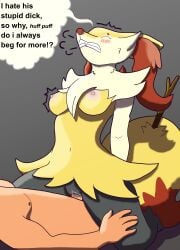 absurd_res angry angry_sex anthro areola blush blush_lines bodily_fluids braixen breasts breath clenched_teeth closed_eyes cowgirl_position disappointed duo english_text female female_anthro female_on_human from_front_position fur generation_6_pokemon genital_fluids genitals hands_behind_back hands_on_hips hi_res human human_on_anthro interspecies looking_pleasured lotnik5 male male/female mammal medium_breasts motion_lines multicolored_body nintendo nipples offscreen_character on_bottom on_top panting penetration penile penile_penetration penis penis_in_pussy pink_areola pink_nipples pokemon pokemon_(species) pokephilia pussy question rough_sex sex shaded simple_background simple_shading stick tan_body tan_fur teeth text thought_bubble vaginal_fluids vaginal_penetration vaginal_penetration white_body white_fur