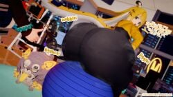 3d ass_body ball blue_ball bottom_heavy bouncing daidaikon dialogue english_text exercise exercise_ball gigantic_ass hyper_ass iceberg_body_shape ju_fufu koikatsu pantyhose text thick_thighs thumbs_up wide_hips zenless_zone_zero