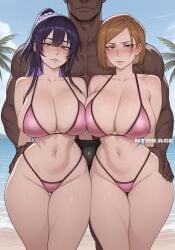 1boy 2girls ai_generated beach bikini bulge cuckold dark-skinned_male haitekudasai_takamine-san hand_on_hip heart hi_res highres hips huge_ass huge_breasts huge_bulge juicy_butt jujutsu_kaisen large_breasts large_bulge light-skinned_female looking_at_viewer micro_bikini muscular_male narrow_waist natural_breasts netorare nobara_kugisaki ntr ntrkage sagging_breasts takamine_takane thick_ass thick_thighs