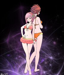 2girls abstract_background akutom arms arms_crossed arms_folded ass back back-to-back back_to_back bare_arms bare_back bare_legs bare_midriff bare_shoulders barefoot bikini breasts butt butt_crack cute feet fire_emblem fire_emblem_fates front_view hand_on_hip headband hinoka_(fire_emblem) legs midriff navel nintendo orange_bikini orange_swimsuit pink_bikini pink_hair pink_swimsuit pose posing rear_view red_hair sakura_(fire_emblem) short_hair sideboob sisters skirt swimsuit tight_fit