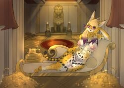 absurd_res anthro areola arm_support bedroom_eyes big_areola big_breasts blonde_hair breasts curvy_figure egyptian felid feline female fur furgonomics genitals greenzlie hair hand_on_hip hi_res leaning_on_elbow lying mammal markings nachita_the_serval narrowed_eyes nipples nude on_side pharaoh pink_nipples purple_eyes purple_hair pussy queen queen_basatet royalty rug seat seductive serval slightly_chubby solo spots spotted_markings tail treasure treasure_hoard voluptuous white_body white_fur wide_hips yellow_body yellow_fur