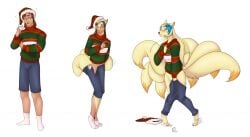 2018 6_tails anthro artist_logo beverage biped black_nose blonde_hair blue_eyes blue_highlights blush bottomwear bottomwear_around_legs breasts brown_hair canid canine christmas christmas_clothing christmas_headwear christmas_sweater christmas_topwear clothed clothing clothing_around_legs clothing_on_ground colored corey_volpe_(slyfox6414) digitigrade dipstick_tail eyewear female female_anthro footwear fox front_view fully_clothed fur gender_transformation generation_1_pokemon genitals glasses growth hair hat headgear headwear highlights_(coloring) holding_bottomwear holding_clothing holding_object holding_pants holidays human human_to_anthro ineffective_clothing knock-kneed logo looking_at_viewer looking_down_at_self male male_human mammal markings mtf_transformation multi_tail ninetales nintendo open_mouth open_smile orange_body orange_fur oversized_clothing pants pants_around_legs plantigrade pokemon pokemon_(species) pussy santa_hat shaded simple_background smile socks solo species_transformation standing sweater tail tail_growth tail_growth_in_pants tail_markings theeldertrinity topwear torn_clothing transformation transformation_sequence white_background yellow_body yellow_fur