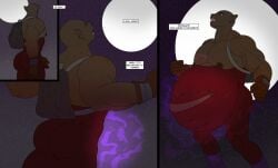 anthro belly belly_expansion canid canine clothing curse cursed dialogue english_text expansion fangs full_moon furless_breasts hi_res hyper hyper_pregnancy jorane-aran light male mammal moon moonlight muscular muscular_male mythological_canine mythological_creature mythology night nipples outside pecs pregnant pregnant_male solo speech_bubble stomach_bulge teeth text torn_clothing transformation werecanid werecanine werecreature werewolf wolf_ears
