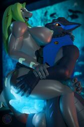 2:3 2_penises absurd_res anthro balls bite_mark blender_(disambiguation) blender_cycles breast_play breast_suck breasts capcom carrying_another carrying_partner dauna_(reptilligator) duo english_text erection fish flying_wyvern fur genitals glowing glowing_eyes glowing_genitalia glowing_penis hair herm hi_res hybrid intersex intersex/male knot knotted_penis male marine markings monster_hunter mostly_nude multi_genitalia multi_penis nargacuga penis scales scar scarf scarf_only shark sucking text vahlyance vayhl'ayne_(vahlyance) watermark