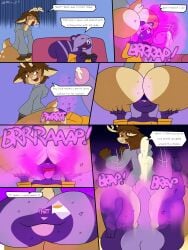 3:4 absurd_res anthro ass balls big_balls big_butt big_penis bottomless bottomless_anthro bottomless_male brown_hair clothed clothing clothing_transformation comic deer dirtymac english_text facesitting fart fur gas gassy genitals hair hi_res huge_balls huge_butt huge_cock hyper hyper_balls hyper_butt hyper_genitalia hyper_penis male mammal mephitid orange_eyes penis purple_body purple_fur purple_hair red_eyes sitting_on_another skunk sweater tan_body text topwear transformation underwear_tf