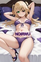 ai_generated areolae arms_behind_back bikini blonde_hair eyepatch feet female fischl_(genshin_impact) genshin_impact green_eyes hair_ornament happy high_heels highres long_hair lying_on_bed medium_breasts nipples noirwu ornament purple_bikini purple_high_heels smile thong toes twintails