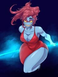 cleavage dragmarok dress red_dress sharp_teeth smile tagme undertale undertale_(series) undyne wide_hips