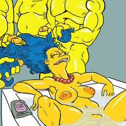 1girls 4boys ambiguous_fluids bathroom bathtub blue_hair breasts closed_eyes female hair_grab hairjob josemalvado long_hair marge_simpson multiple_boys navel necklace nipples partially_submerged soap the_simpsons