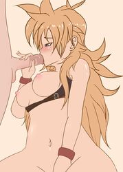 1girls blonde blonde_hair blue_eyes blush blushing breasts dragon_ball dragon_ball_xenoverse fellatio fingering fingering_self hips long_blonde_hair long_hair looking_pleasured nipples oral original_character red_bracelet saiyan shiny shiny_skin shirt_down small_breasts tongue wide_hips