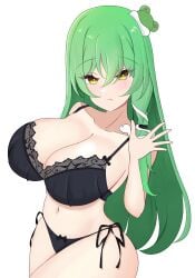 bare_shoulders black_panties bra breasts esttea female green_hair highres kochiya_sanae lingerie long_hair navel panties solo touhou underwear yellow_eyes