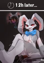 2024 anthro artist_name ass biped blush bodily_fluids bound bow_tie bow_tie_only breasts brown_hair buckteeth bulge colored comic detailed_bulge directional_arrow duo encasement english_text erection featureless_breasts female five_nights_at_freddy's fur genital_fluids genital_outline genitals green_eyes grey_body grey_fur hair hi_res lagomorph legs_together leporid looking_pleasured low-angle_view male mammal mostly_nude motion_lines object_in_anus object_in_ass object_in_pussy open_mouth open_smile patchwork_creature penis_outline pink_ears pupils pussy rabbit red_sclera scottgames seam_(sewing) shaded sitting sitting_on_ground slit_pupils smile takeover teeth text time_skip vaginal_fluids vanny_(fnaf) white_body white_fur yimoon640