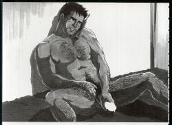 1boy abs antique_phone bara blank_censor calling censored completely_nude echigoya_tatsunosuke feet_out_of_frame greyscale hairy hand_hair highres implied_yaoi knuckle_hair large_pectorals looking_at_viewer magazine_scan male male_focus male_masturbation masturbation mature_male monochrome muscular muscular_male navel navel_hair nipples nude original pectorals scan seductive_smile short_hair smile smirk solo spread_legs thick_arm_hair thick_chest_hair thick_eyebrows thick_leg_hair thick_navel_hair translation_request very_hairy