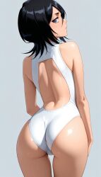 1girls 9:16 ai_generated anime_style ass ass ass_focus back_cutout back_view backless_outfit backless_swimsuit bare_arms bare_legs black_hair bleach butt_focus closed_mouth curvaceous curvy curvy_figure curvy_hips digital_media_(artwork) female female_focus female_only from_behind grey_background hair hair_between_eyes hi_res high_cut_swimsuit highres kuchiki_rukia looking_at_viewer looking_back looking_over_shoulder medium_ass narrow_waist no_background one-piece_swimsuit round_ass round_butt shiny shiny_hair shiny_skin short_hair slim solo solo_female solo_focus stable_diffusion standing swimsuit swimwear thigh_gap thighs tight_clothing white_swimsuit