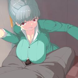 1boy 1girls bar_censor blush boobjob breasts censor_bar censored closed_eyes clothed clothed_female clothed_sex clothes clothing female grey_hair large_breasts long_hair looking_at_viewer male male/female male_pubic_hair open_mouth original paizuri paizuri_under_clothes penis ponytail pov pt pubic_hair red_eyes sex surprise_sex surprised surprised_expression sweat titjob
