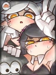 1boy 2girls amboomoon big_man_(splatoon) blush breasts callie_(splatoon) cleavage clothing earrings female gloves inkling large_breasts looking_at_viewer male marie_(splatoon) pale_skin splatoon splatoon_3 sweat v white_gloves yellow_eyes