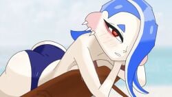 1girls 2d_(artwork) ass blue_hair digital_drawing_(artwork) digital_media_(artwork) female female_only laying laying_on_stomach looking_at_viewer nintendo no_bra octoling ojiya625 red_eyes shiver_(splatoon) shiver_hohojiro splatoon splatoon_3 twitter_link twitter_username