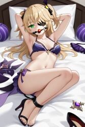 ai_generated areolae arms_behind_back bikini blonde_hair eyepatch feet female fischl_(genshin_impact) gag genshin_impact green_eyes hair_ornament happy high_heels highres long_hair lying_on_bed medium_breasts nipples noirwu ornament purple_bikini purple_high_heels smile thong toes twintails