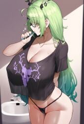 ai_generated antlers ass black_panties black_shirt brushing_teeth ceres_fauna ceres_fauna_(goth_costume) covered_nipples female glasses green_hair hololive hololive_english huge_breasts long_hair thighs toothbrush virtual_youtuber wide_hips