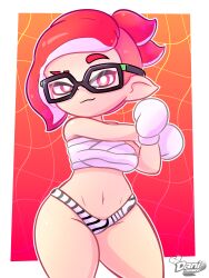 belly_button big_thighs boxing_gloves danidrawz female female_only glasses inkling_girl nintendo red_hair solo_female splatoon stretching tentacle_hair tiger_stripes