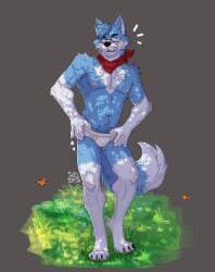 4_toes 5_fingers absurd_res anthro armpit_hair arthropod blue_body blue_fur blue_hair blush body_hair briefs brown_eyes bulge butterfly canid canine clothed clothing digital_drawing_(artwork) digital_media_(artwork) eyewear feet fingers fox fur glasses grass hair hi_res insects kerchief lepidopteran looking_at_viewer male mammal neckerchief neckwear nipples partially_clothed pawpads paws plant shaded simple_background smile solo taesponja tail toes underwear underwear_down wearing_glasses white_briefs white_clothing white_underwear