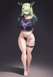 ai_generated antlers barefoot black_panties black_shirt ceres_fauna covered_nipples female glasses green_hair hololive hololive_english huge_breasts long_hair sweat thighs virtual_youtuber wide_hips