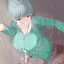 1girls :o after_paizuri after_sex clothed clothed_female clothing cum cum_in_mouth cum_on_body cum_on_breasts cum_on_upper_body facial female female_focus female_only grey_hair large_breasts long_hair open_mouth original pt pubic_hair sole_female solo solo_female solo_focus stray_pubic_hair