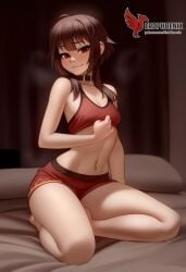 1girls 2d ai_generated ass back bare_shoulders barefoot big_ass bra brown_hair collar erophoenix female female_focus full_body kono_subarashii_sekai_ni_shukufuku_wo long_hair looking_at_viewer megumin pale_skin pale_skinned_female panties patreon_username red_eyes short_hair sitting small_breasts smile soles solo thick thick_thighs uncensored underwear