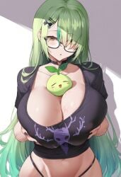 ai_generated antlers black_shirt ceres_fauna ceres_fauna_(goth_costume) cleavage female glasses grabbing_breasts grabbing_own_breast green_hair hololive hololive_english huge_breasts long_hair saplings_(ceres_fauna) soft_breasts virtual_youtuber