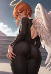 1boy 1femboy 2024 ai_generated alternate_version_available angel angel_devil_(chainsaw_man) angel_wings ass balls big_ass blush brunoarend0 chainsaw_man femboy feminine_male girly halo looking_at_viewer looking_back outdoors outside pants penis simple_background solo testicles thighs trap wings