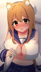 1boy 1boy1girl 1girls 2d animal_ears animated belly_button blush breasts brown_eyes brown_hair cat_ears catgirl censored censored_penis collar cum cum_on_body cum_on_breasts dripping dripping_cum dripping_penis female_focus fish_censor handjob hat indie_virtual_youtuber long_hair navel nekoha_neru open_mouth penis revealing_clothes sailor_collar sailor_uniform school_uniform schoolgirl_uniform seifuku shorter_than_30_seconds solo_focus sound tagme unusual_censor video virtual_youtuber vtuber