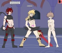 3boys abs boots castle castle_background castle_interior cervius cursed cyles_cinning danganronpa ddc demon demon_horns demon_tail forced_sex gay hero horns incubus m.u.g.e.n makoto_naegi male_only master master_and_servant naegi_makoto nipples original original_artwork original_character original_characters redflash shoulder_armor sword tail text text_box trapped