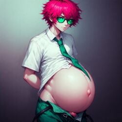 ai_generated belly belly_bulge glasses inflated_belly inflation male male_pregnancy pink_hair pregnant pregnant_male saiki_kusuo saiki_kusuo_no_psi_nan yaoi