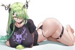 ai_generated antlers ceres_fauna ceres_fauna_(goth_costume) female glasses green_hair hololive hololive_english huge_breasts long_hair saplings_(ceres_fauna) smile virtual_youtuber