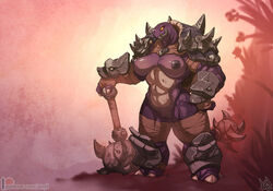 2018 3_toes anthro anthrofied arcadian_war_turtle arm_wraps armor atryl big_breasts blizzard_entertainment breasts bulky female front_view full-length_portrait hand_on_hip holding_object holding_weapon leg_wraps melee_weapon mostly_nude mount_(warcraft) muscular muscular_female portrait purple_scales pussy reptile scales scalie solo spikes standing toes tortoise turtle video_games warcraft weapon world_of_warcraft wraps