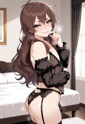 1boy 1femboy 2025 ai_generated alternate_version_available ass bed bed_sheet bedroom big_ass black_lingerie black_panties black_underwear blush brown_hair crossdressing day daytime femboy feminine_male girly green_eyes indoors kono_subarashii_sekai_ni_shukufuku_wo! lingerie looking_at_viewer nelethos nipples panties satou_kazuma solo sweat sweatdrop trap underwear