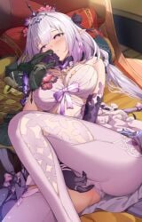 black_bow black_jacket black_tiara blush bow breasts castorice_(honkai:_star_rail) commentary dress female female_masturbation fingering flower gloves hair_flower hair_ornament hairbow highres holding holding_jacket holding_unworn_clothes honkai:_star_rail honkai_(series) indoors jacket large_breasts legwear_cutout long_hair looking_to_the_side masturbation paid_reward_available parted_lips pink_flower pointy_ears purple_eyes purple_gloves purple_hair single_leg_pantyhose single_thighhigh solo thighhighs thighs tiara unworn_jacket very_long_hair white_dress white_thighhighs zuikillme