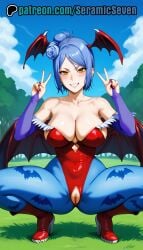 1girls 2d ai ai_generated amber_eyes anime anime_style big_breasts blue_hair cleavage collarbone cosplay double_v exposed_shoulders eye_contact female female_focus female_only flower_in_hair konan large_breasts legs_apart light-skinned_female light_skin lilith_aensland_(cosplay) looking_at_viewer naruto naruto_(series) naruto_shippuden peace_sign seramic_seven short_hair skin_tight smile solo solo_female solo_focus squatting teeth thick_legs thick_thighs tight_clothing v_sign wings