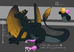 black_body black_fur dragon english_text feathered_wings feathers frostidragon fur genitals hi_res ie_(leon962) knot knotted_penis male mythological_creature mythological_scalie mythology orange_stripes orange_wings penis reference_image scalie smile smiling_at_viewer smirk smirking_at_viewer solo stripes tail tapering_penis text wings
