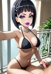 ai_generated asian asian_bimbo asian_female bangs bikini bikini_bottom bikini_top bimbo black_bikini black_hair bob_cut cosplay eyelashes eyeliner eyeshadow green_eyes hairpin handjob kirigaya_suguha looking_at_viewer mastarblastar medium_breasts necklace nipple_bulge nipples partial_male petite_body pinching round_breasts selfie sister sitting slim_waist small_penis small_penis_adoration small_penis_humiliation smile smiling smiling_at_viewer smug smug_face smug_grin sword_art_online tagme