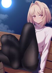 ahoge arcueid_brunestud blonde_hair blush feet feet_up female foot_fetish holding_thighs j-kisarazu leggings lifting_leg looking_at_viewer melty_blood pantyhose red_eyes showing_ass showing_butt sweater thighs toes tsukihime tsukihime_(remake) vampire vampire_girl