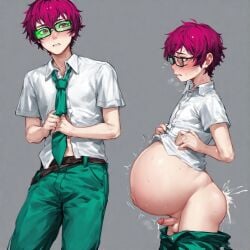 ai_generated glasses inflation male male_pregnancy pink_hair pregnant pregnant_male saiki_kusuo saiki_kusuo_no_psi_nan yaoi