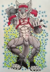 absurd_res anthro balls bodypaint canid canine canis collar erection face_paint flirting flirting_look flirting_with_viewer flower genitals harness hi_res humanoid_genitalia humanoid_penis karmalow male mammal muscular muscular_male penis plant solo wolf