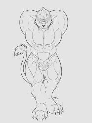 1boy 2020s 2023 4_toes arms_behind_head bara bulge claws dated feline jaytanoshi laval_(legends_of_chima) legends_of_chima lego line_art lion male male_only monochrome muscular solo tagme tail underwear